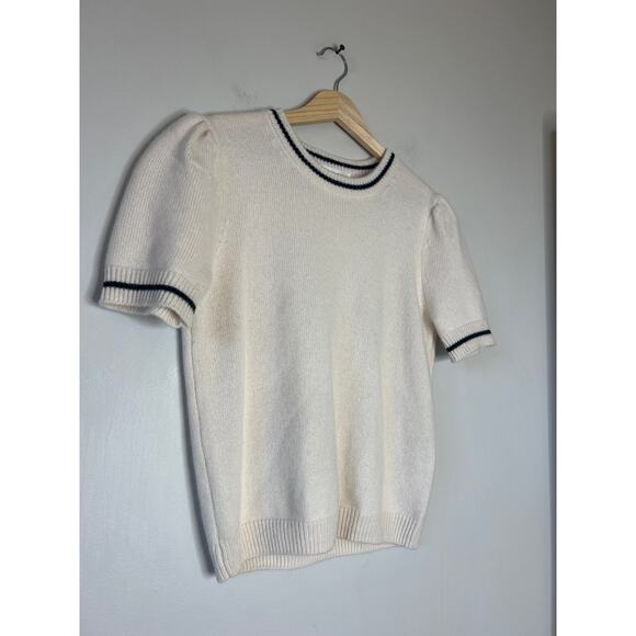 NEW FRAME Short Sleeves Gathered Striped Cashmere Sweater Cream Size: Small - Picture 3 of 7